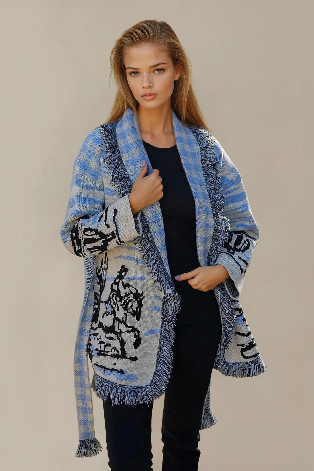 Open-Front Cardigan with Fringe Trim and Belt - Blue