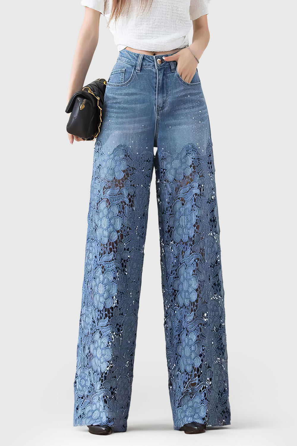 Lace-Embellished Wide-Leg Jeans - Blue