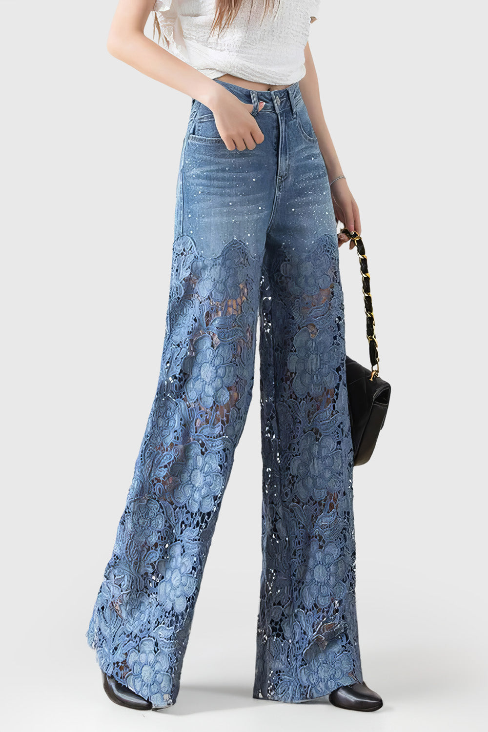 Lace-Embellished Wide-Leg Jeans - Blue