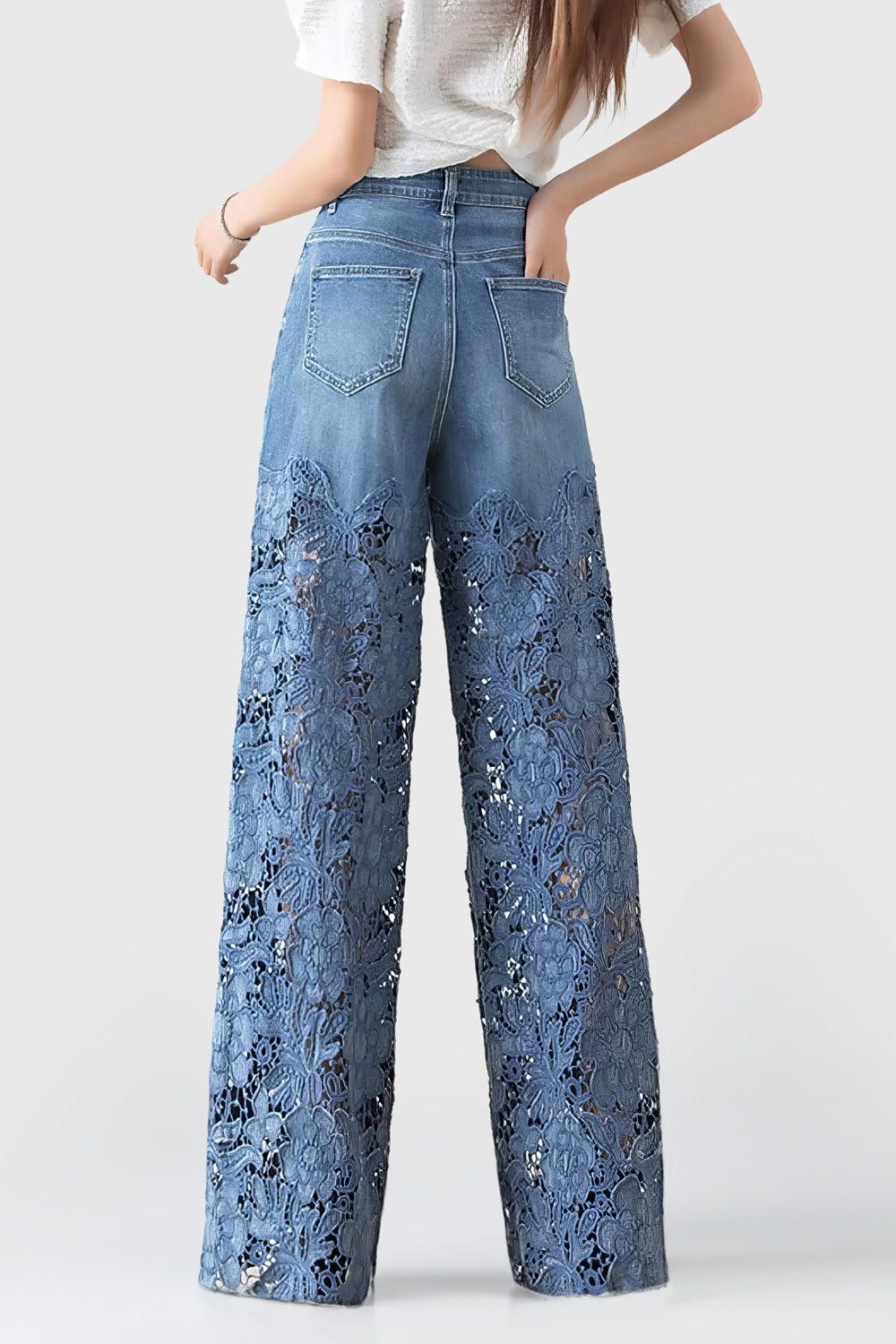 Lace-Embellished Wide-Leg Jeans - Blue