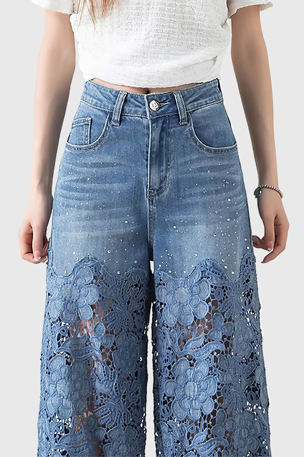 Lace-Embellished Wide-Leg Jeans - Blue