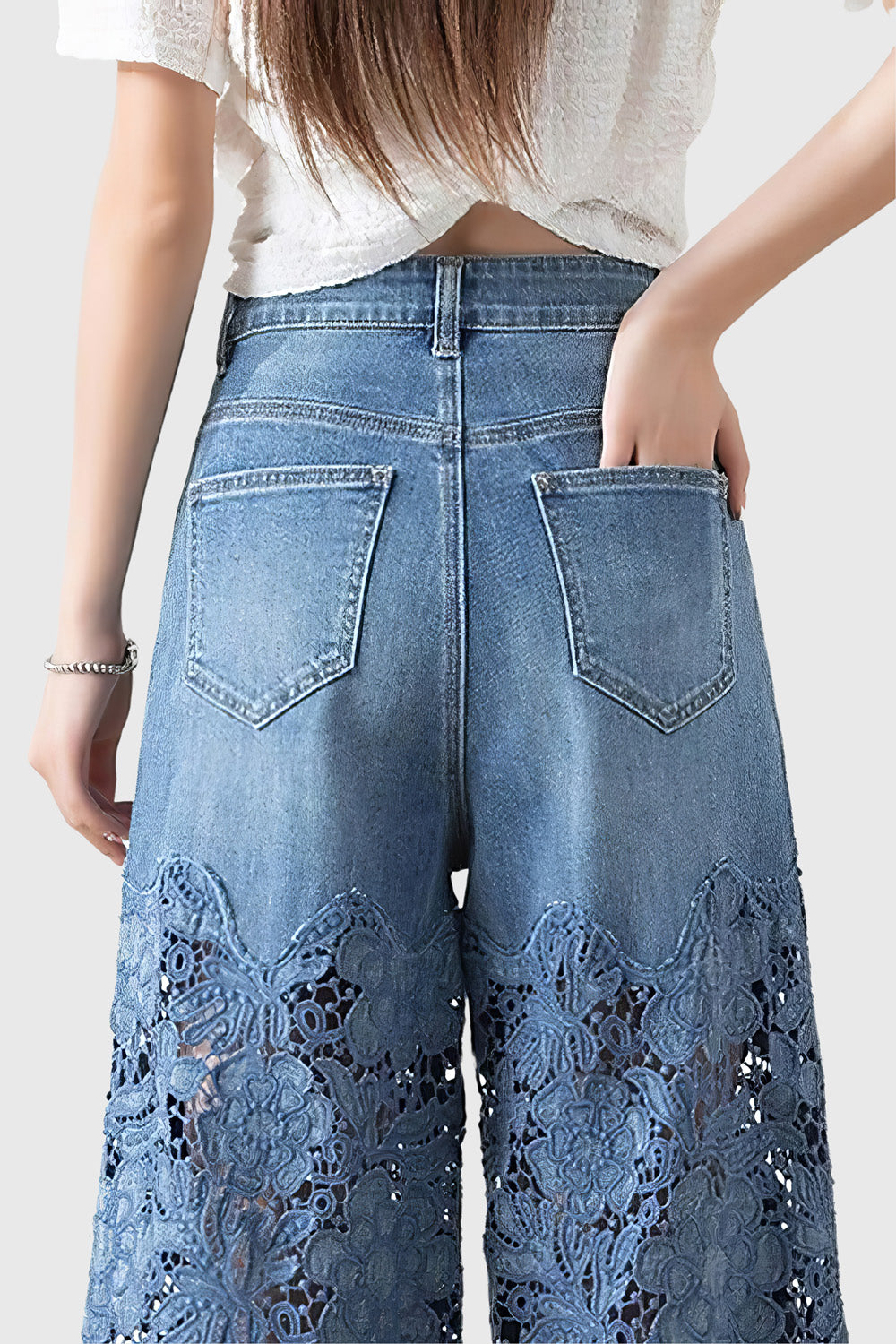 Lace-Embellished Wide-Leg Jeans - Blue