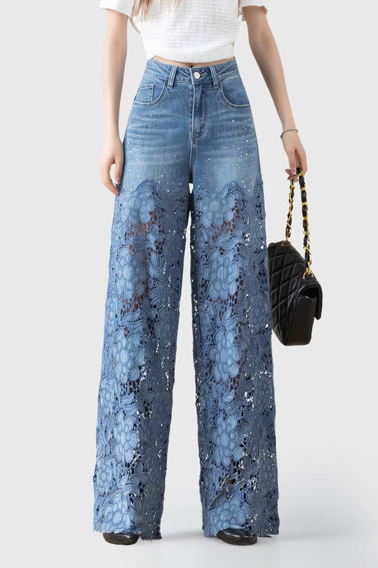 Lace-Embellished Wide-Leg Jeans - Blue