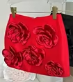 High-Waisted Mini Skirt with 3D Floral Accents - Red