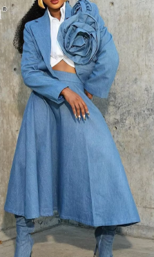 Two-Piece Set with Blazer with 3D Floral and Midi Skirt - Blue