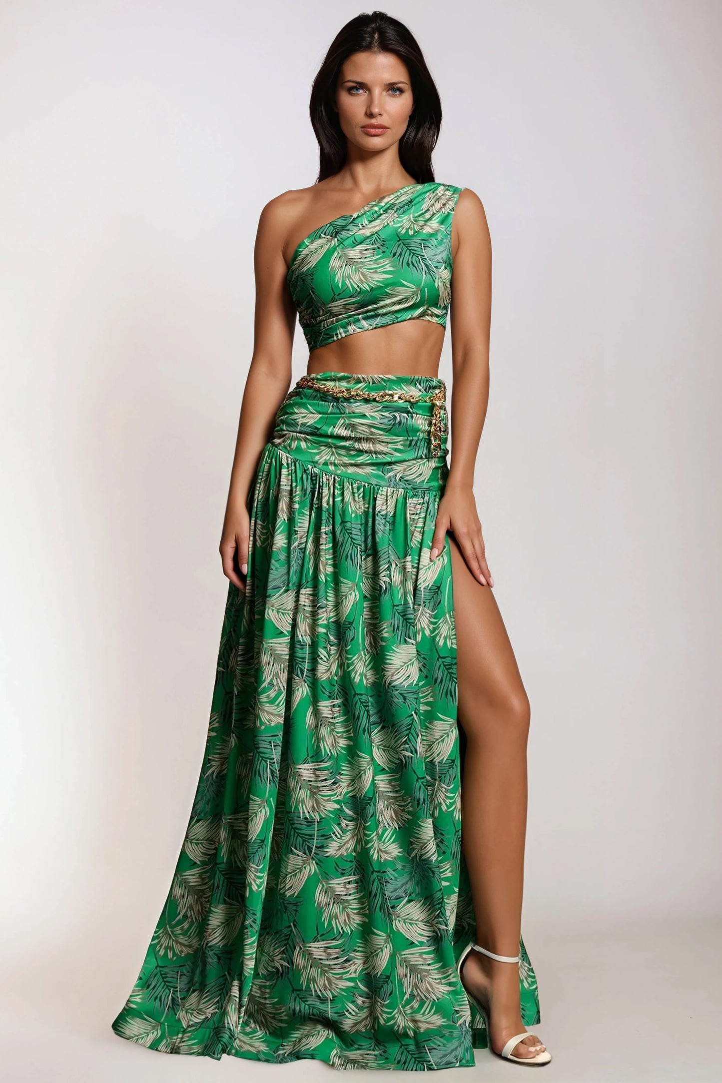 Two-Piece Set with Asymmetrical Top and High-Slit Maxi Skirt - Green