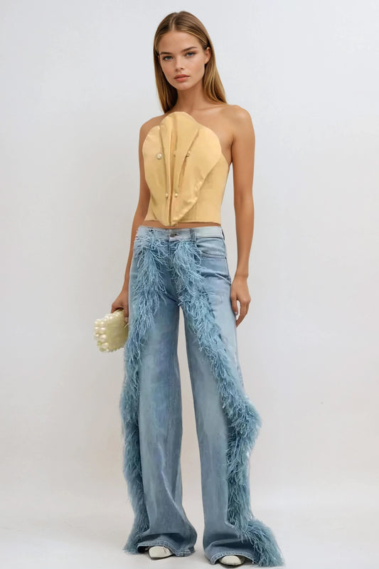 Feathered Curve Flare Jeans - Blue