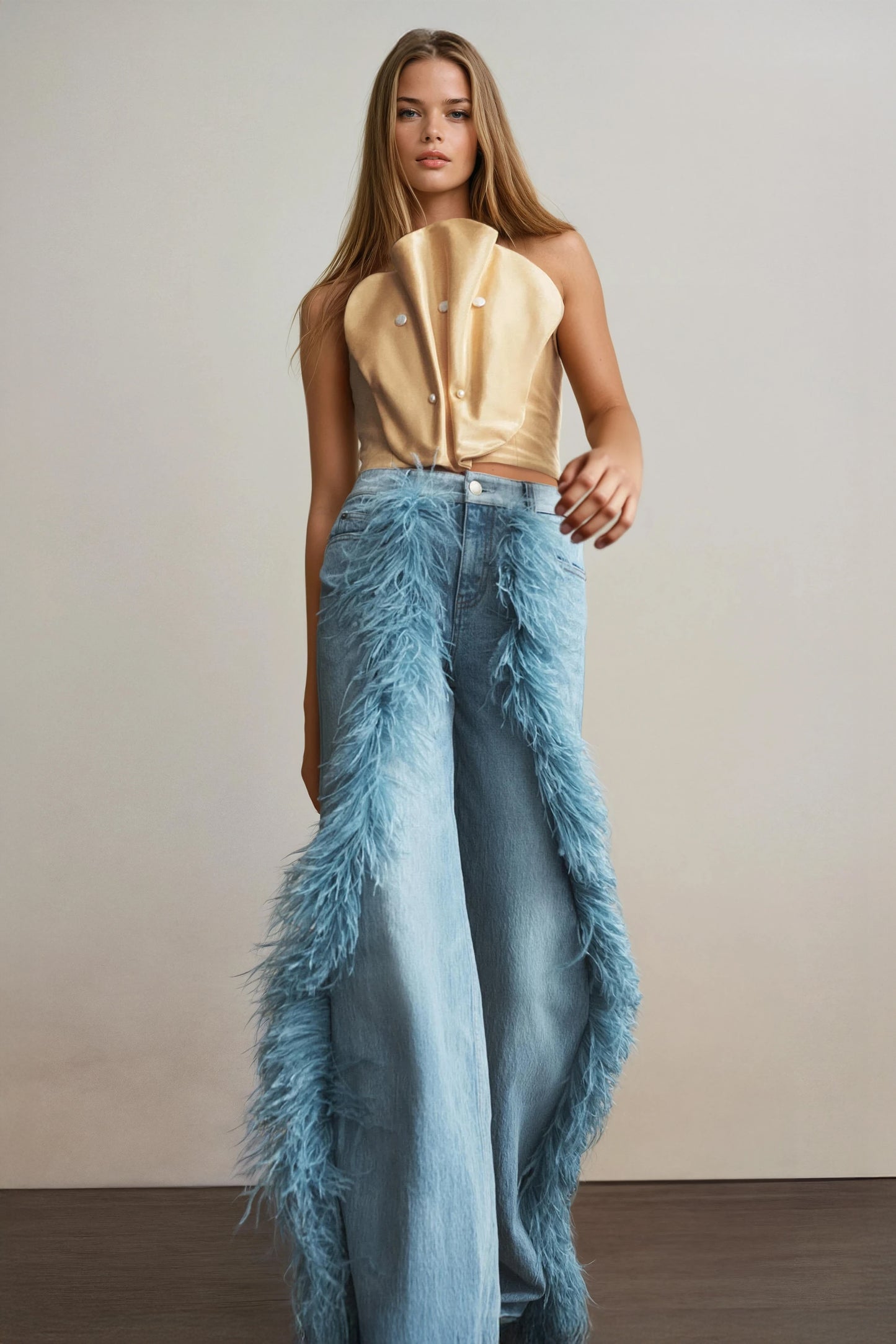 Feathered Curve Flare Jeans - Blue