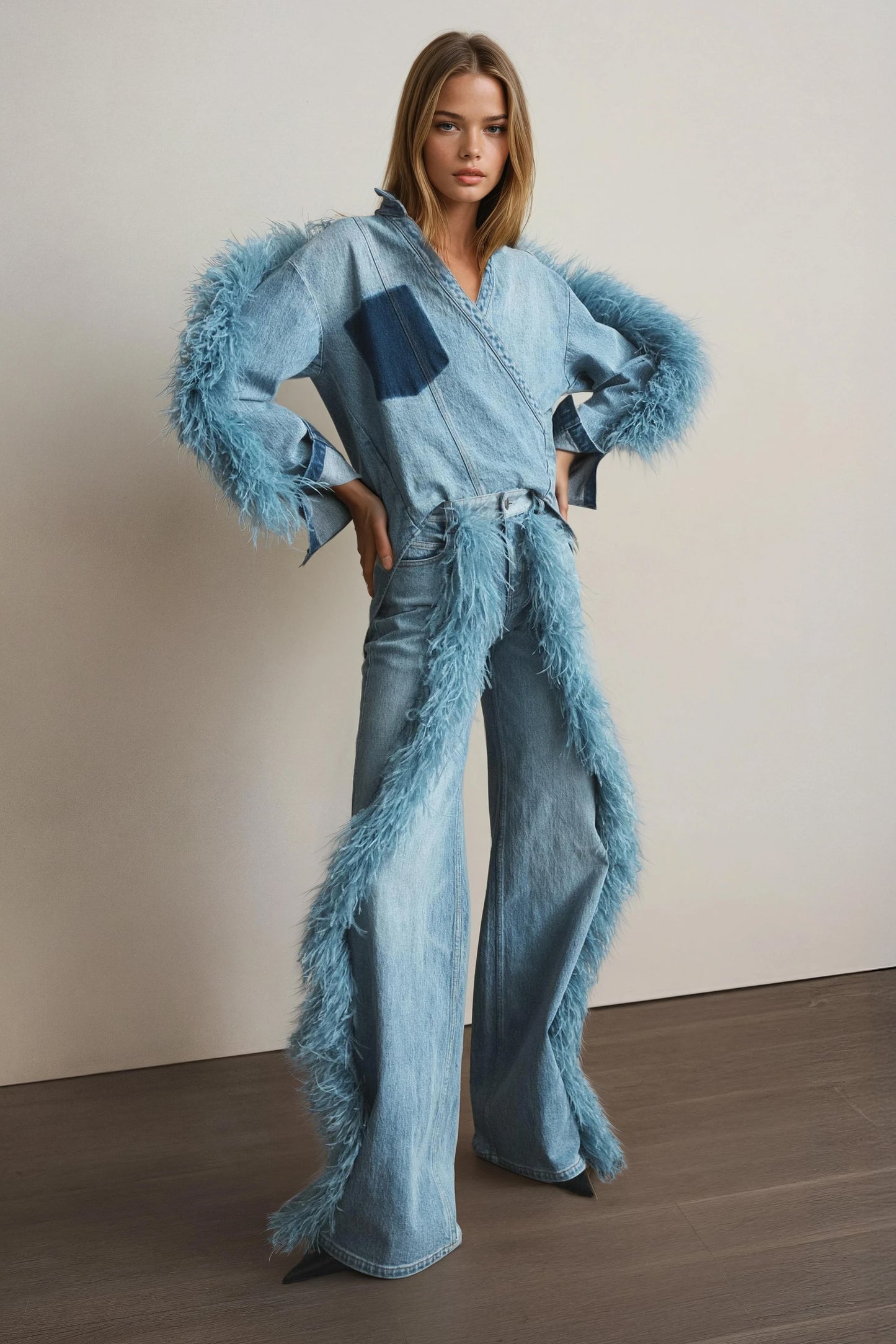 Feathered Curve Flare Jeans - Blue