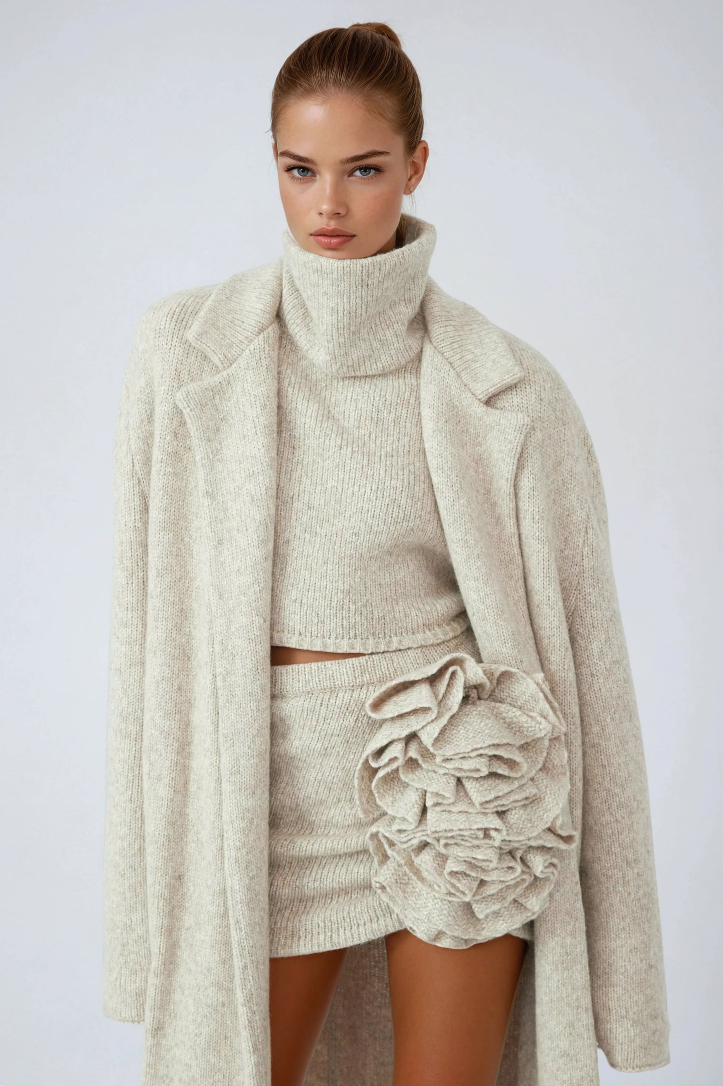 Three-Piece Set with Turtleneck Top Mini Skirt with Ruffles and Longline Coat - Beige