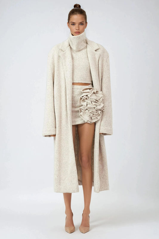 Three-Piece Set with Turtleneck Top Mini Skirt with Ruffles and Longline Coat - Beige