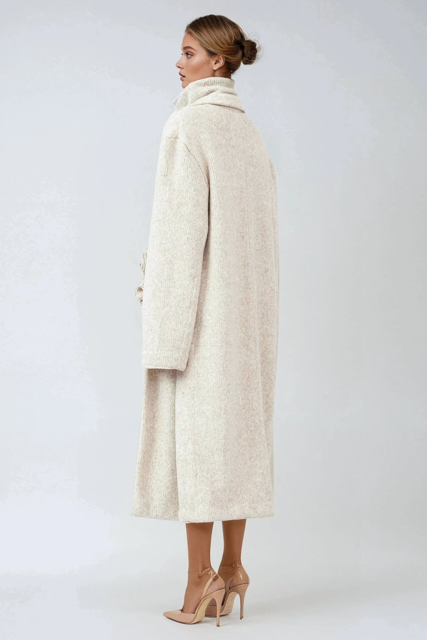 Three-Piece Set with Turtleneck Top Mini Skirt with Ruffles and Longline Coat - Beige