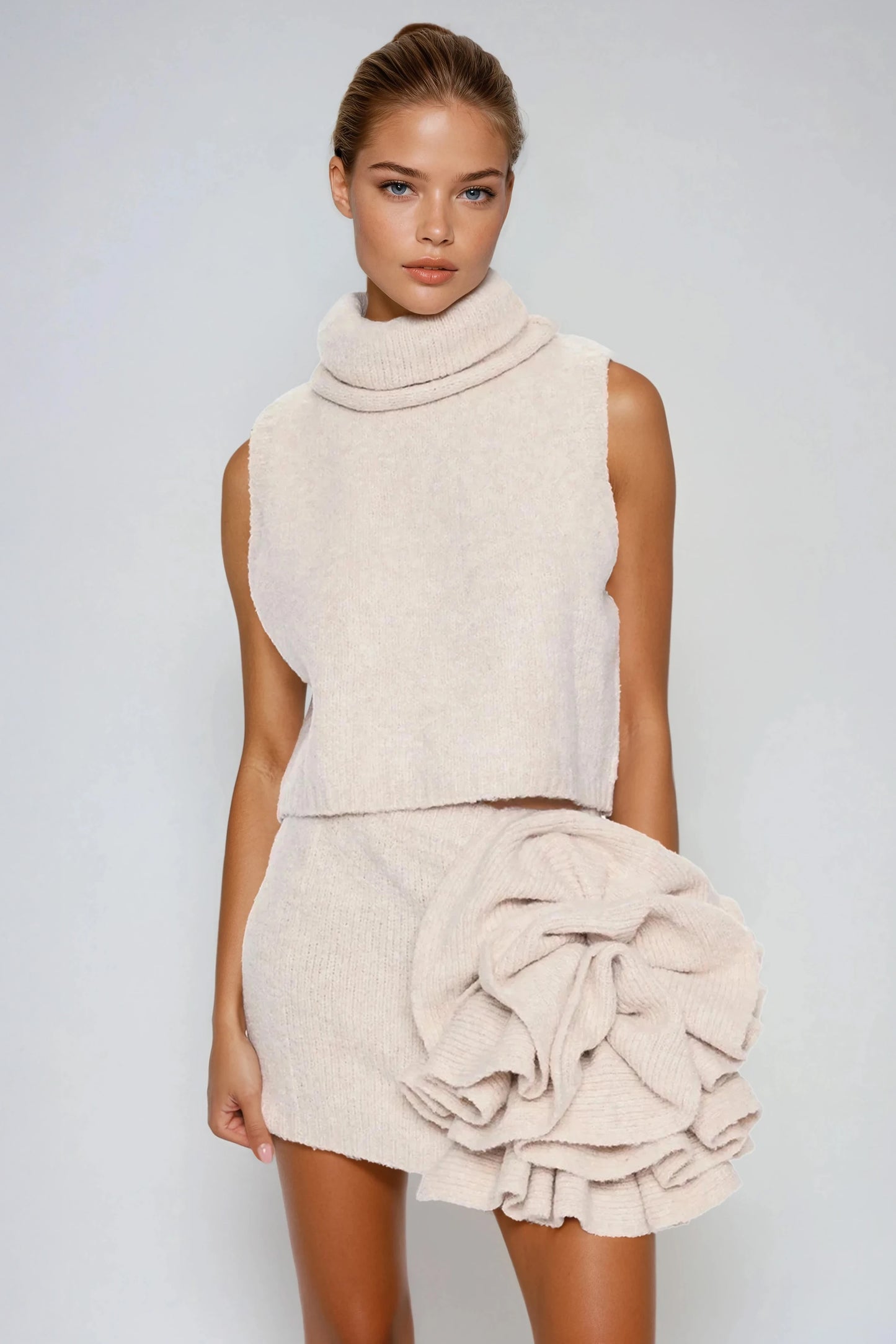 Three-Piece Set with Turtleneck Top Mini Skirt with Ruffles and Longline Coat - Beige