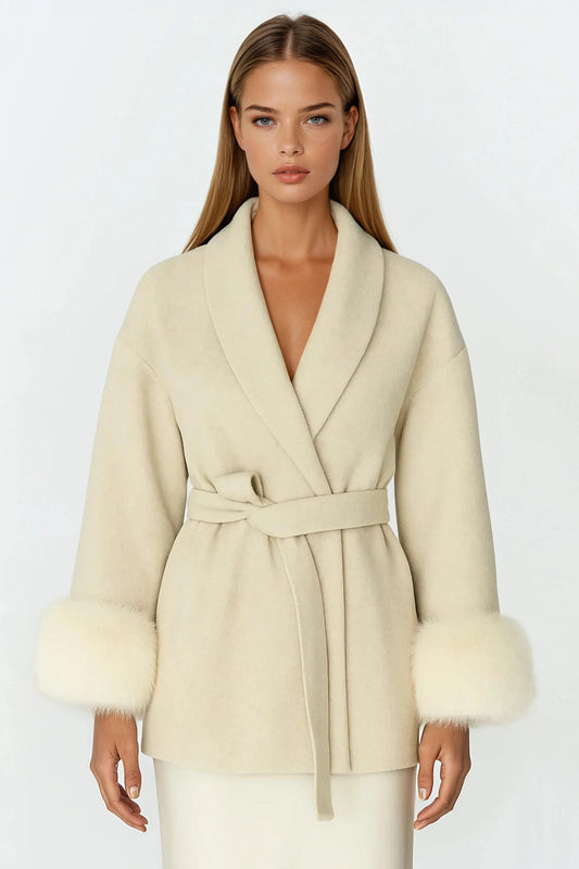 100% Wool Belted Coat with Fur Cuffs - Off White
