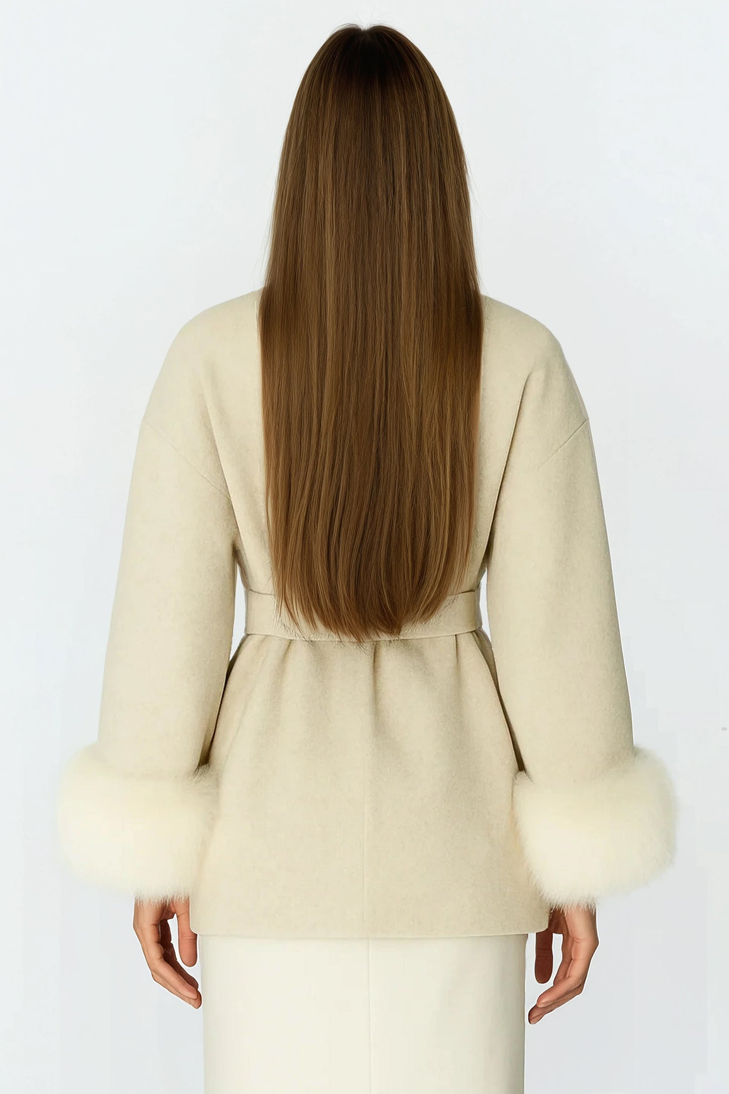 100% Wool Belted Coat with Fur Cuffs - Off White