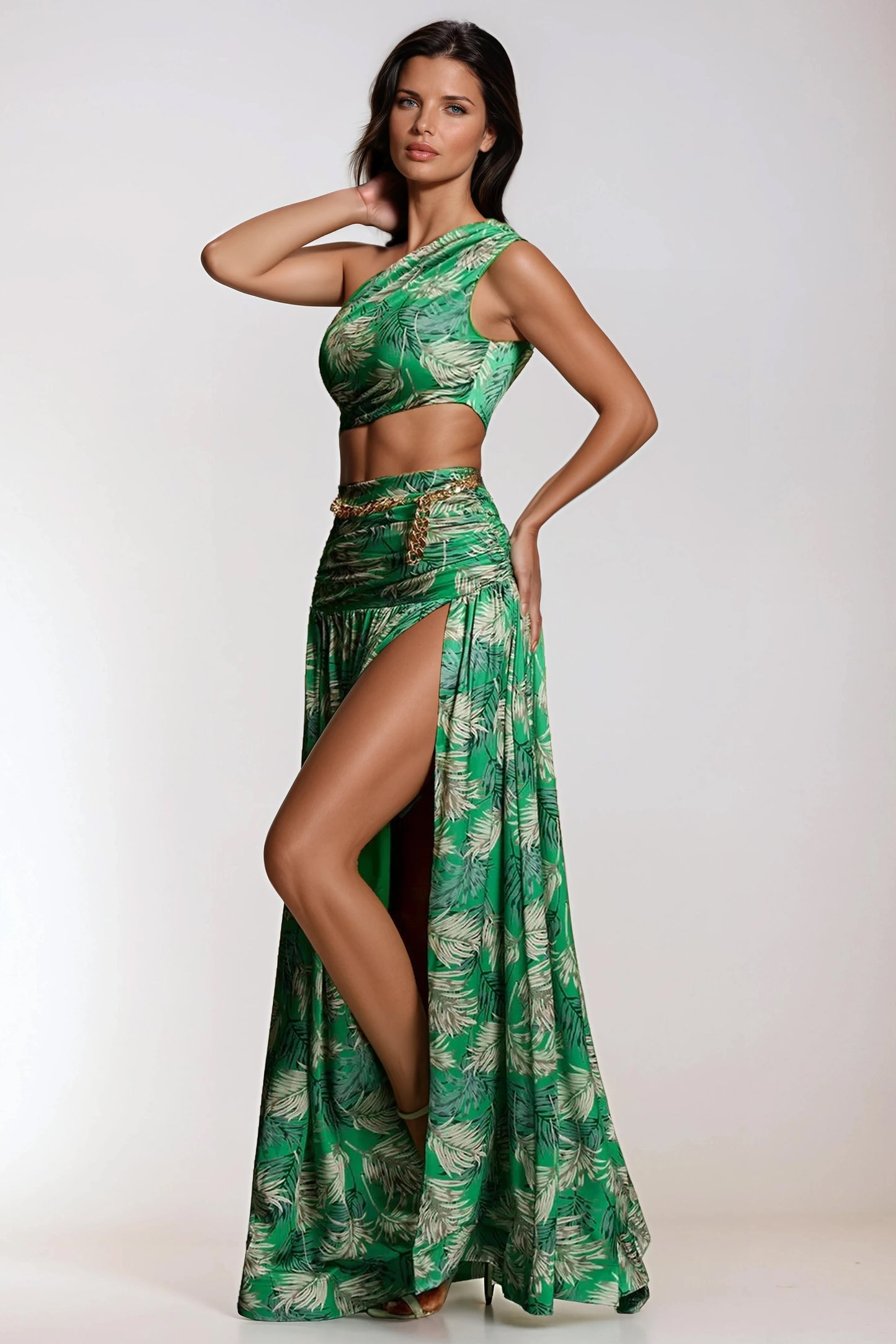 Two-Piece Set with Asymmetrical Top and High-Slit Maxi Skirt - Green
