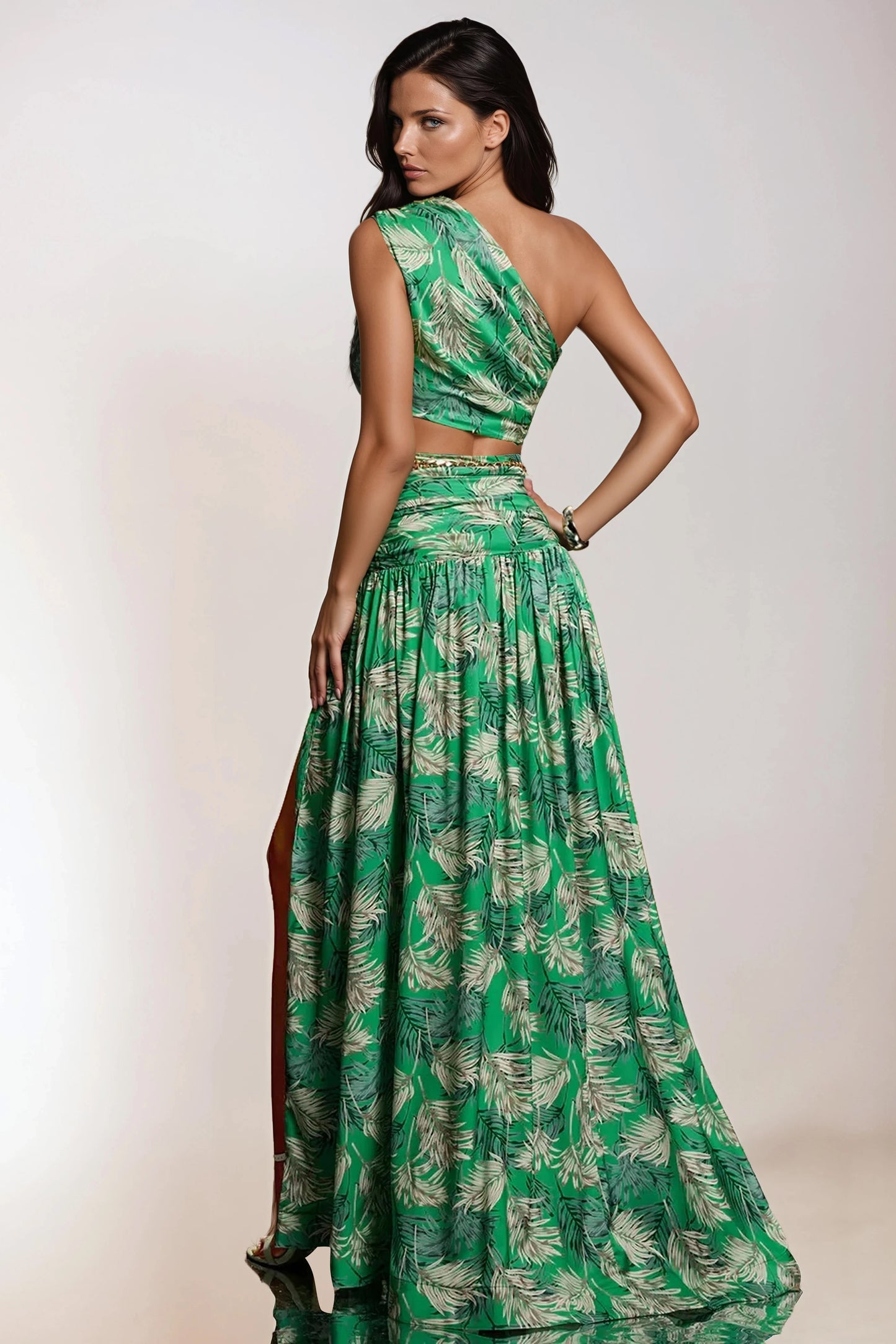 Two-Piece Set with Asymmetrical Top and High-Slit Maxi Skirt - Green
