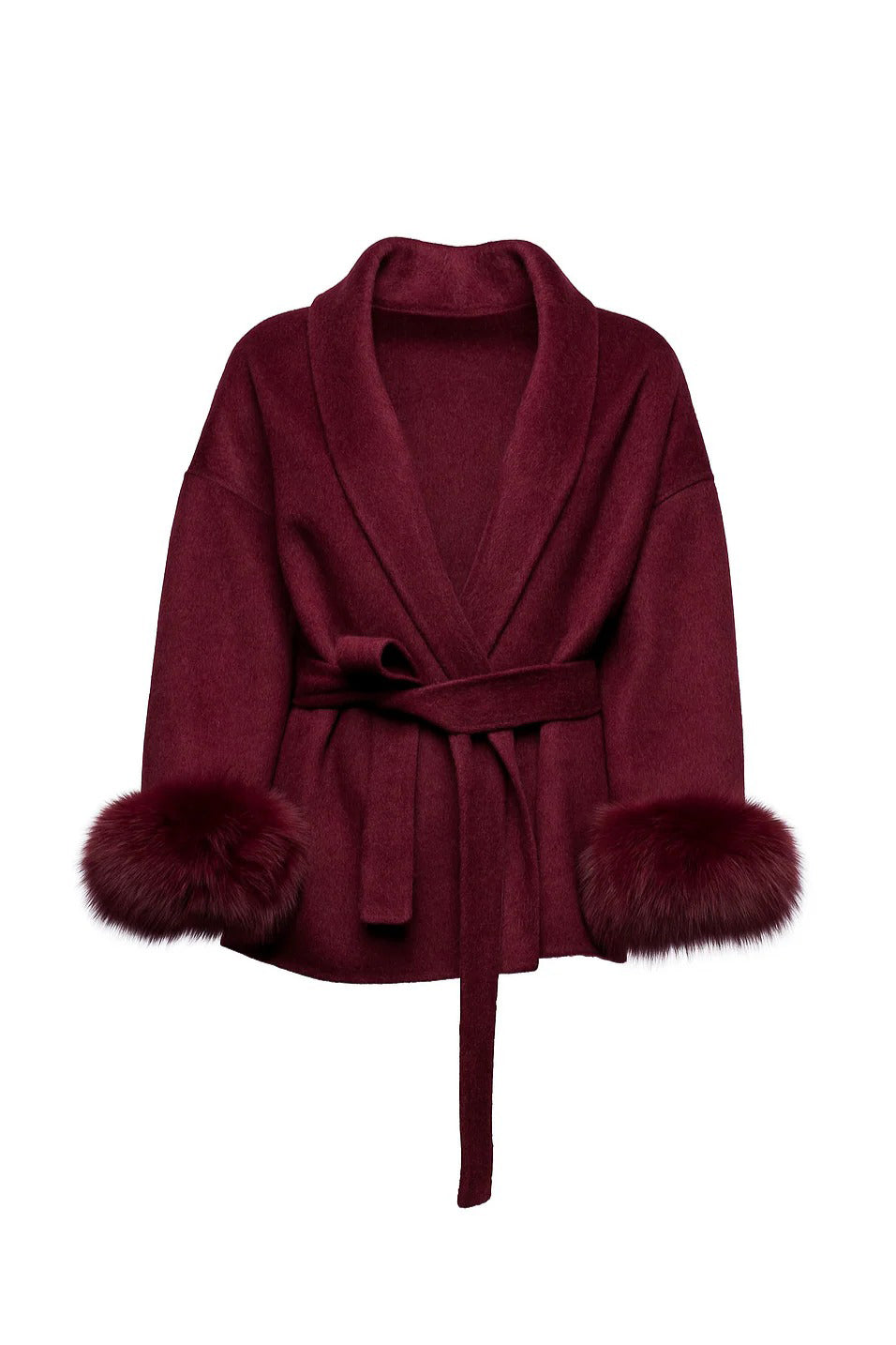 100% Wool Belted Coat with Fur Cuffs - Burgundy