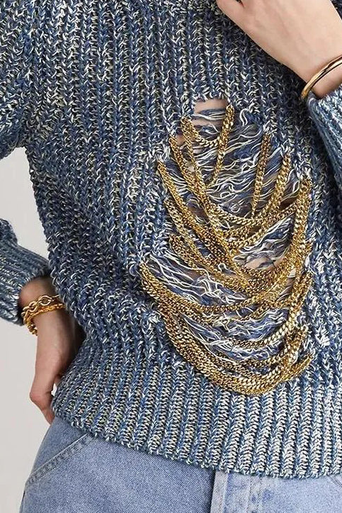 Cropped Sweater with Chain Detail - Gray