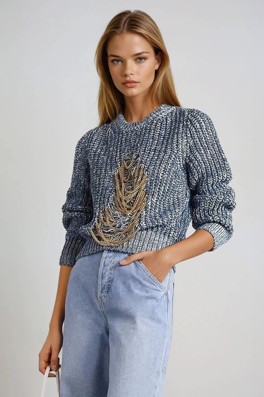 Cropped Sweater with Chain Detail - Gray