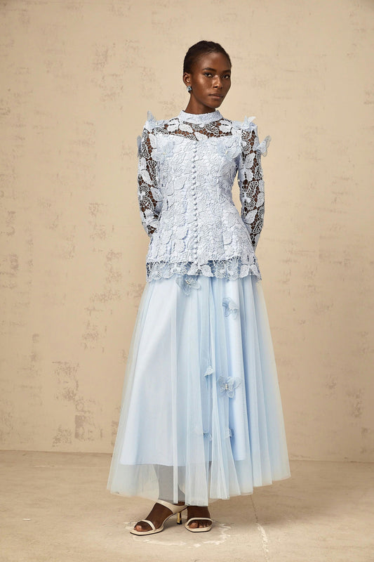 Two-Piece Set with Sheer Sleeve Top and Flowy Skirt - Blue