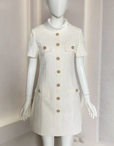 Short Sleeve Mini Dress with Embellished Buttons and Draped Collar - White