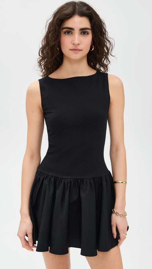 Sleeveless Boat Neck Mini Dress - Black
