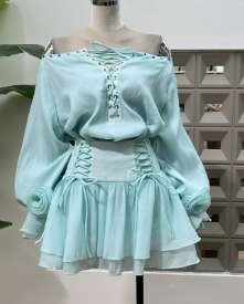 Off-Shoulder Lace-Up Mini Dress - Blue