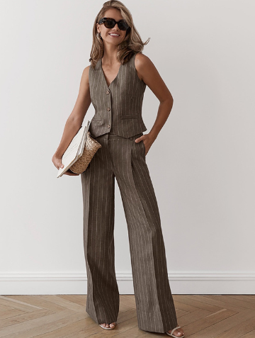 Two-Piece Set with Sleeveless Button-Up Vest and Wide-Leg Trousers - Brown