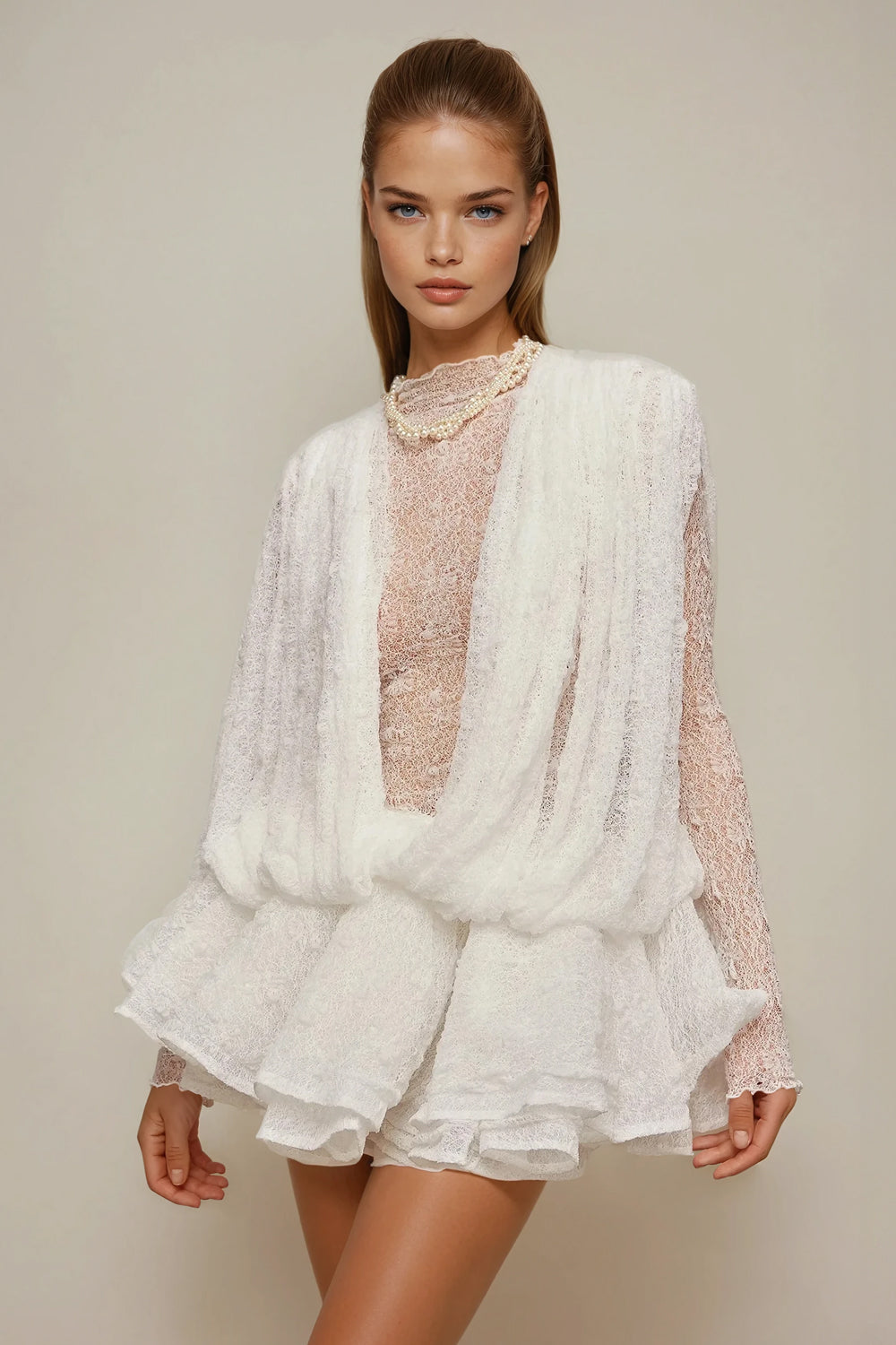 Textured Long Sleeve Mini Dress with Ruffle Hem - White