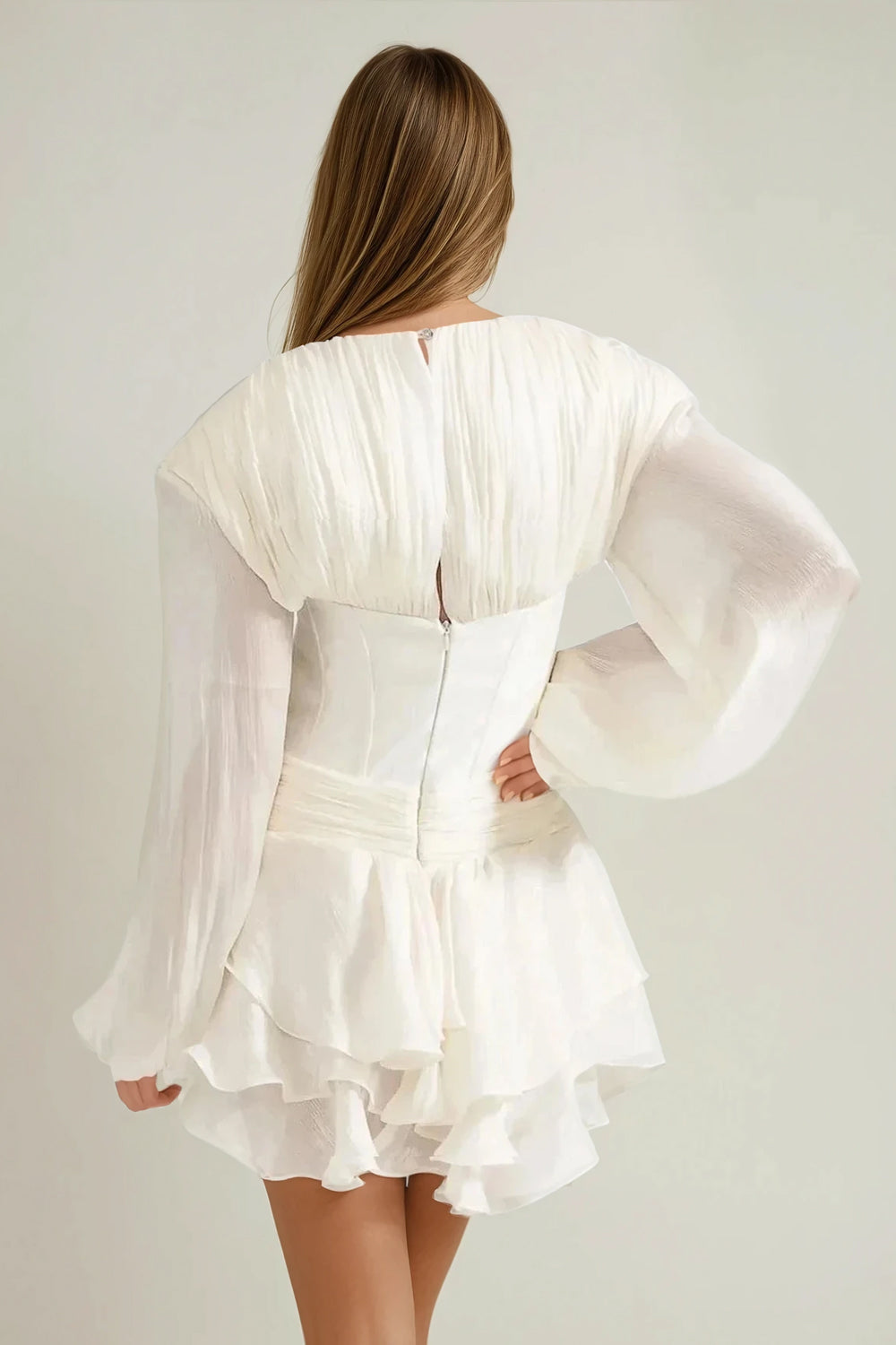 Mini Dress with Draped Accent and Ruffle Skirt - White