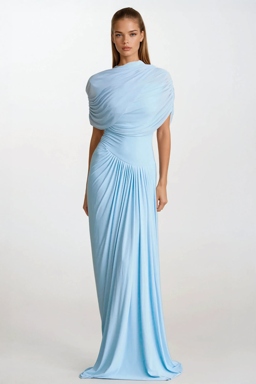 Draped Sleeves Asymmetrical Maxi Dress - Light Blue