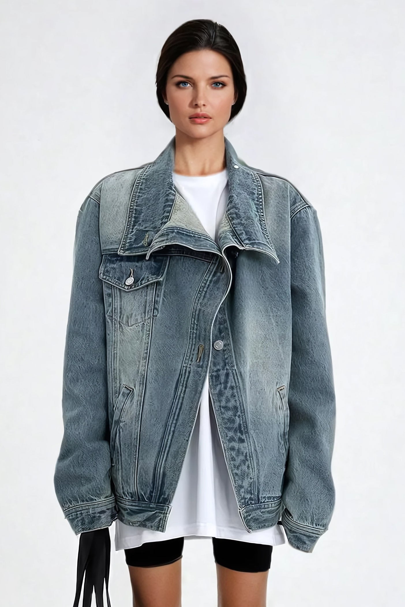 Oversized Asymmetrical Denim Jacket with High Collar - Blue