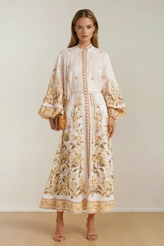Long Sleeve Maxi Dress with Floral Embroidery and Rope Belt - Ivory