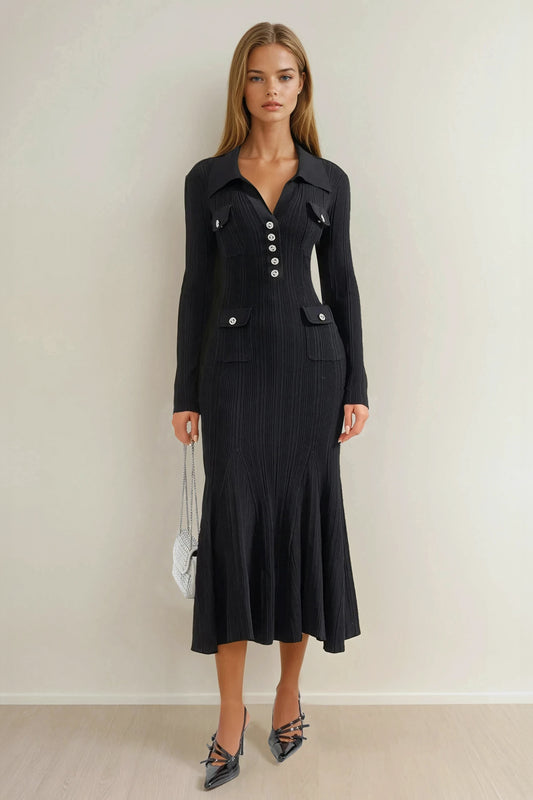 Ribbed Midi Dress with Flared Hem and Decorative Pockets - Black