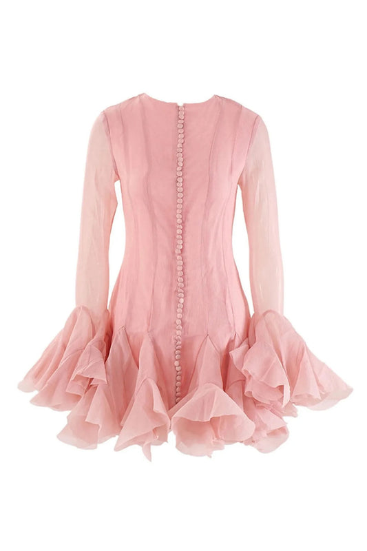 Long Sleeve Mini Dress with Sheer Sleeves and Ruffled Hem - Pink