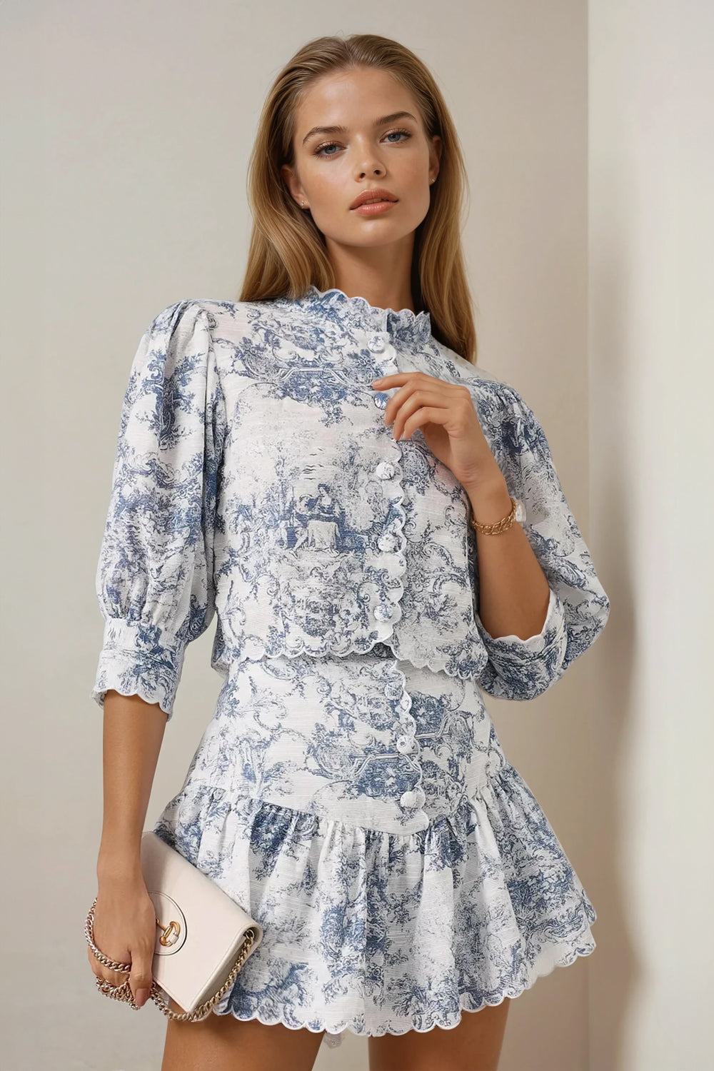 Two-Piece Set with Button-Up Top and Ruffled Mini Skirt - Blue