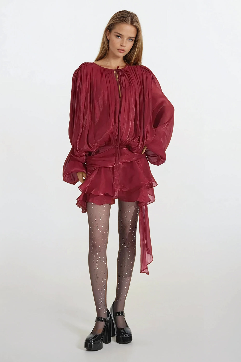 Ruffled Long Sleeved Mini Dress - Burgundy