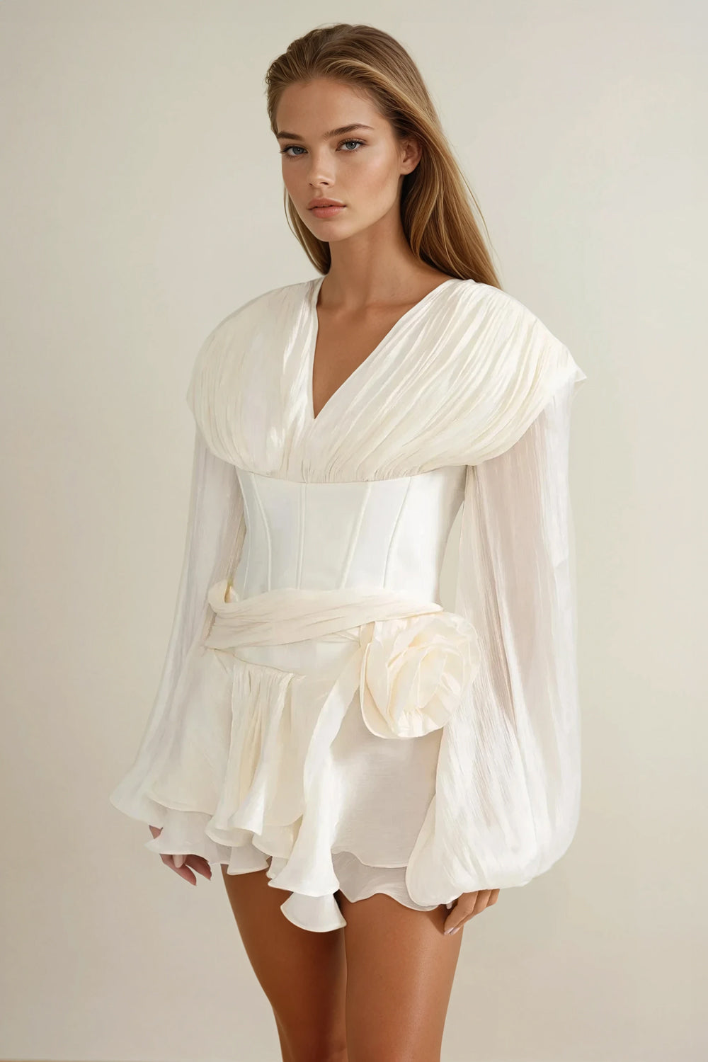 Mini Dress with Draped Accent and Ruffle Skirt - White