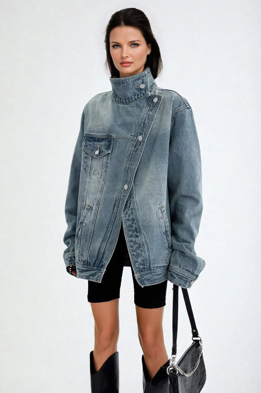 Oversized Asymmetrical Denim Jacket with High Collar - Blue