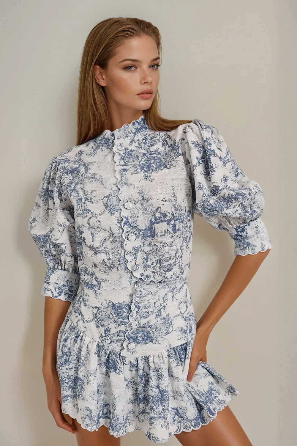 Two-Piece Set with Button-Up Top and Ruffled Mini Skirt - Blue
