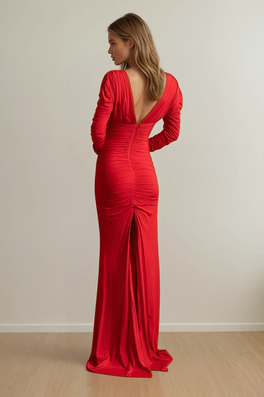 Deep V-Neck Ruched Long Sleeve Maxi Dress - Red