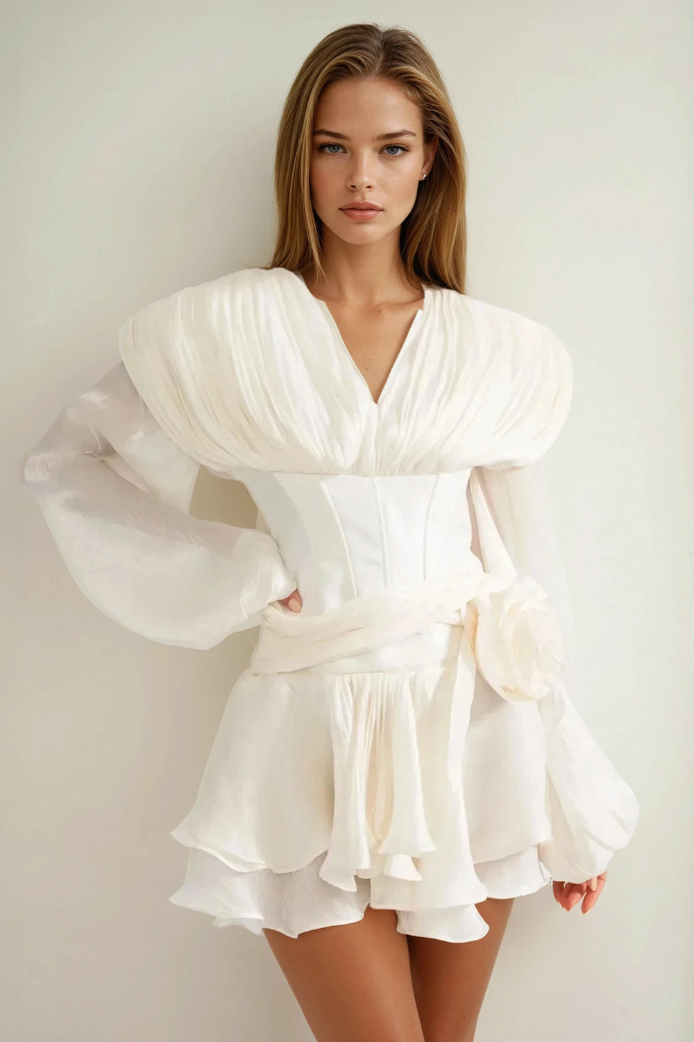 Mini Dress with Draped Accent and Ruffle Skirt - White