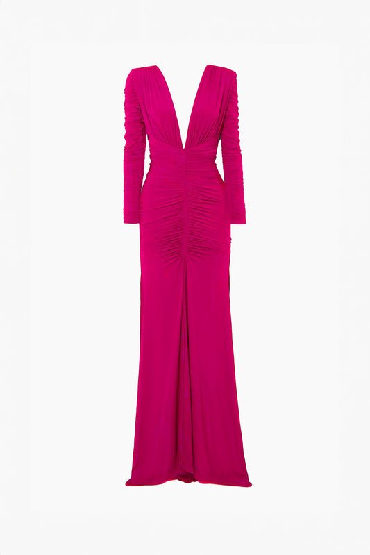 Deep V-Neck Ruched Long Sleeve Maxi Dress - Pink