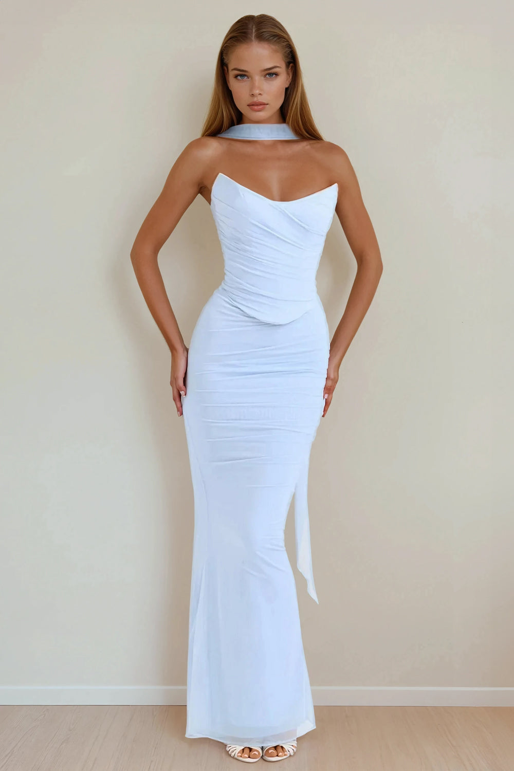 Two-Piece Set with Strapless Ruched Top and Flared Maxi Skirt - Light Blue