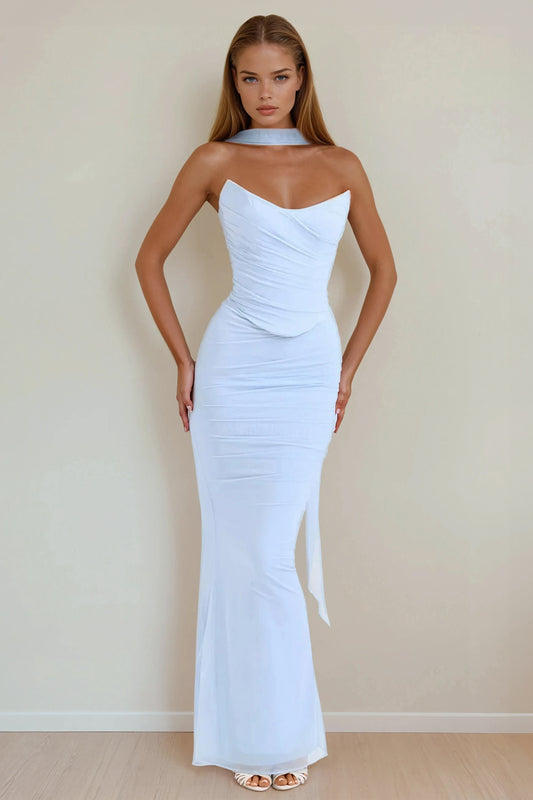 Two-Piece Set with Strapless Ruched Top and Flared Maxi Skirt - Light Blue