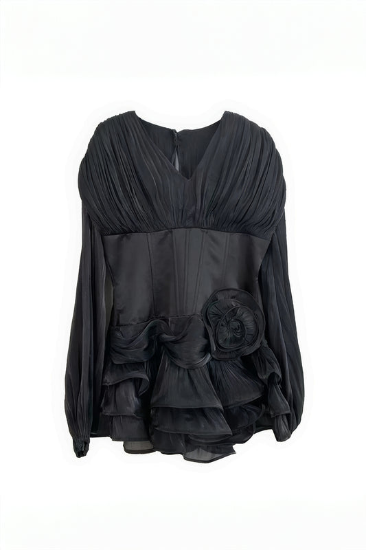 Mini Dress with Draped Accent and Ruffle Skirt - Black