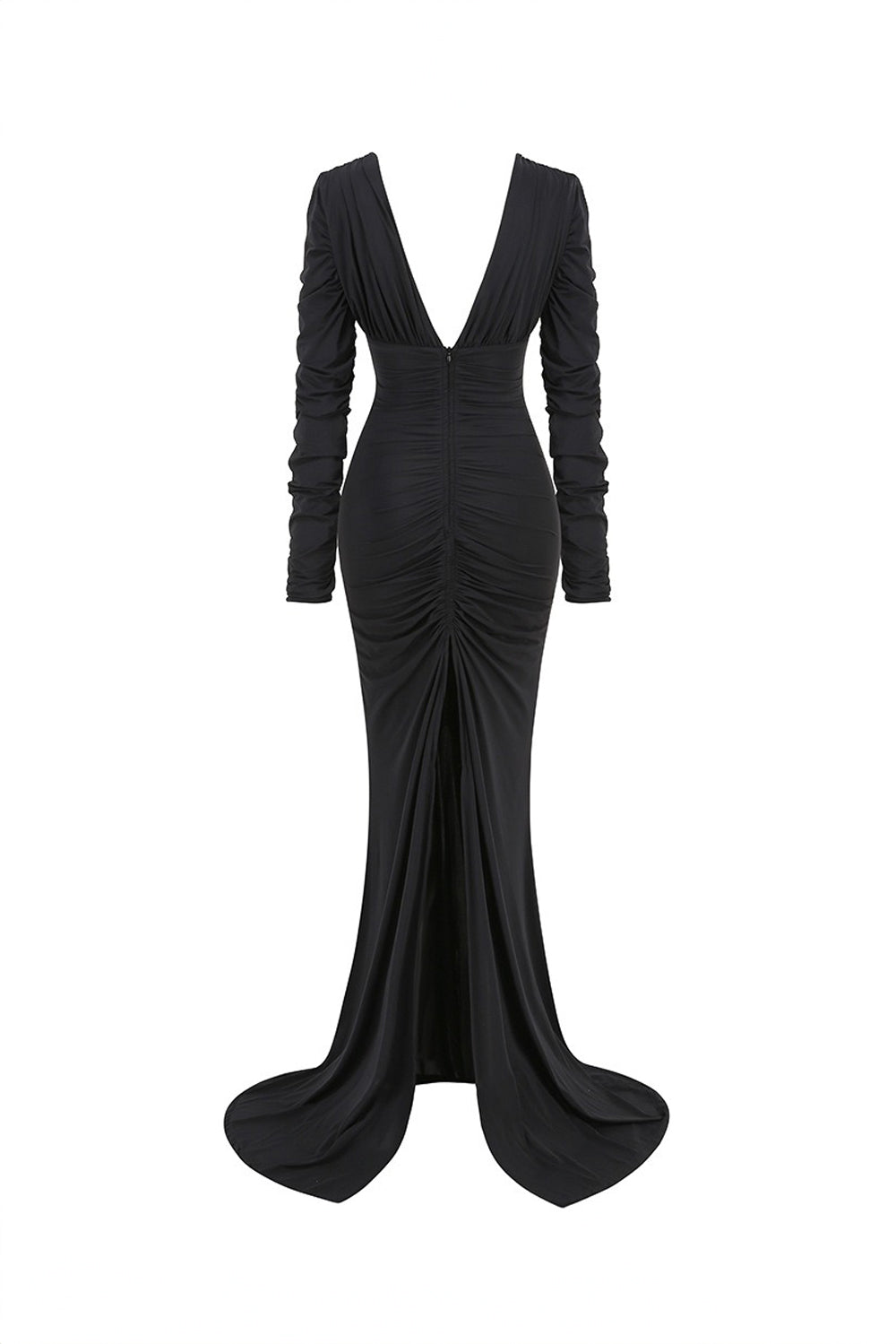 Deep V-Neck Ruched Long Sleeve Maxi Dress - Black