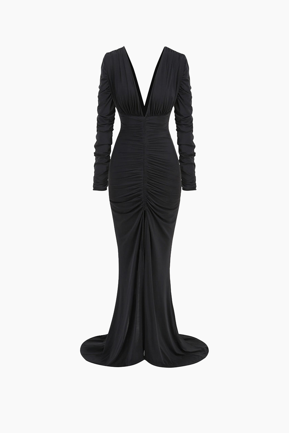 Deep V-Neck Ruched Long Sleeve Maxi Dress - Black
