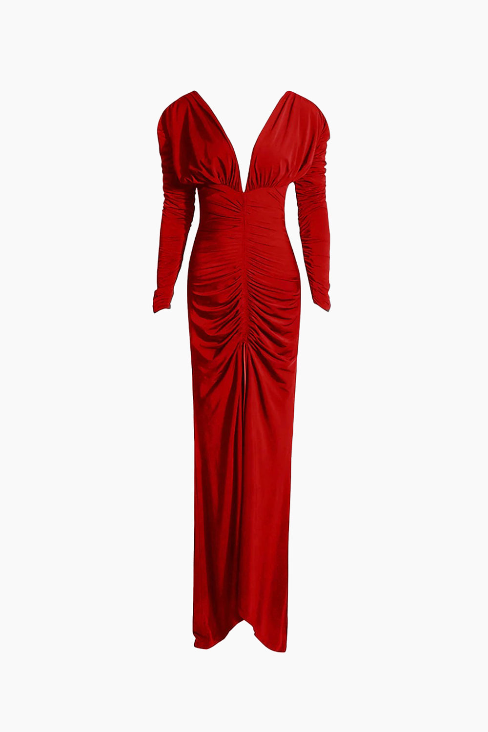 Deep V-Neck Ruched Long Sleeve Maxi Dress - Red